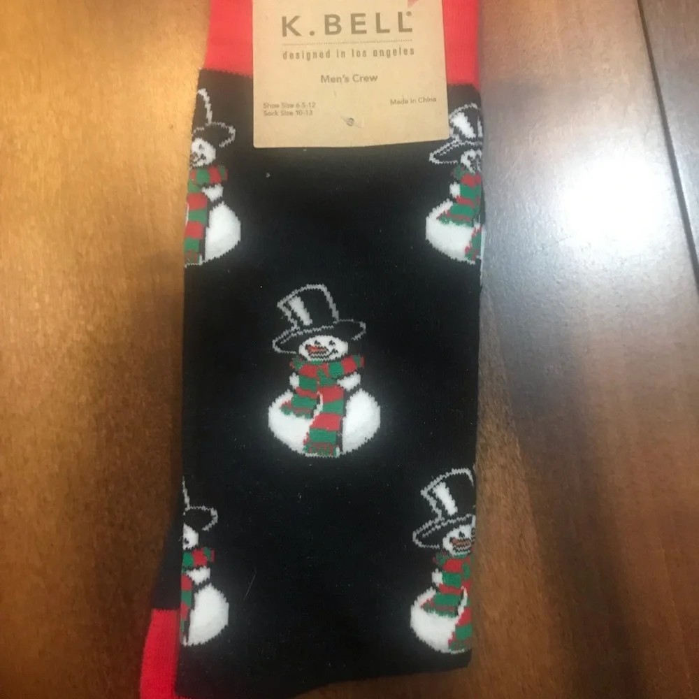 K. Bell Men Black Red Crew Knit Holiday Snowman Graphic Casual Socks Sz …